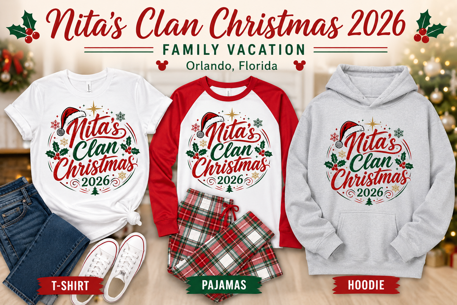 Nita's Clan Christmas 2026 apparel — T-shirt, pajamas, hoodie